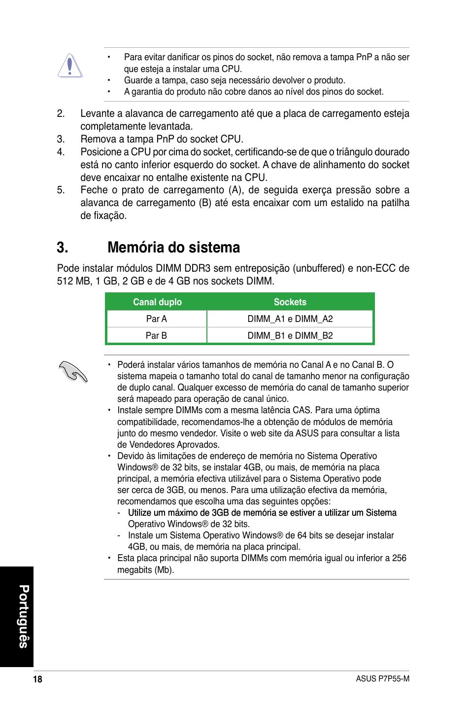 Memória do sistema, Português | Asus P7P55-M/TPM User Manual | Page 18 / 42