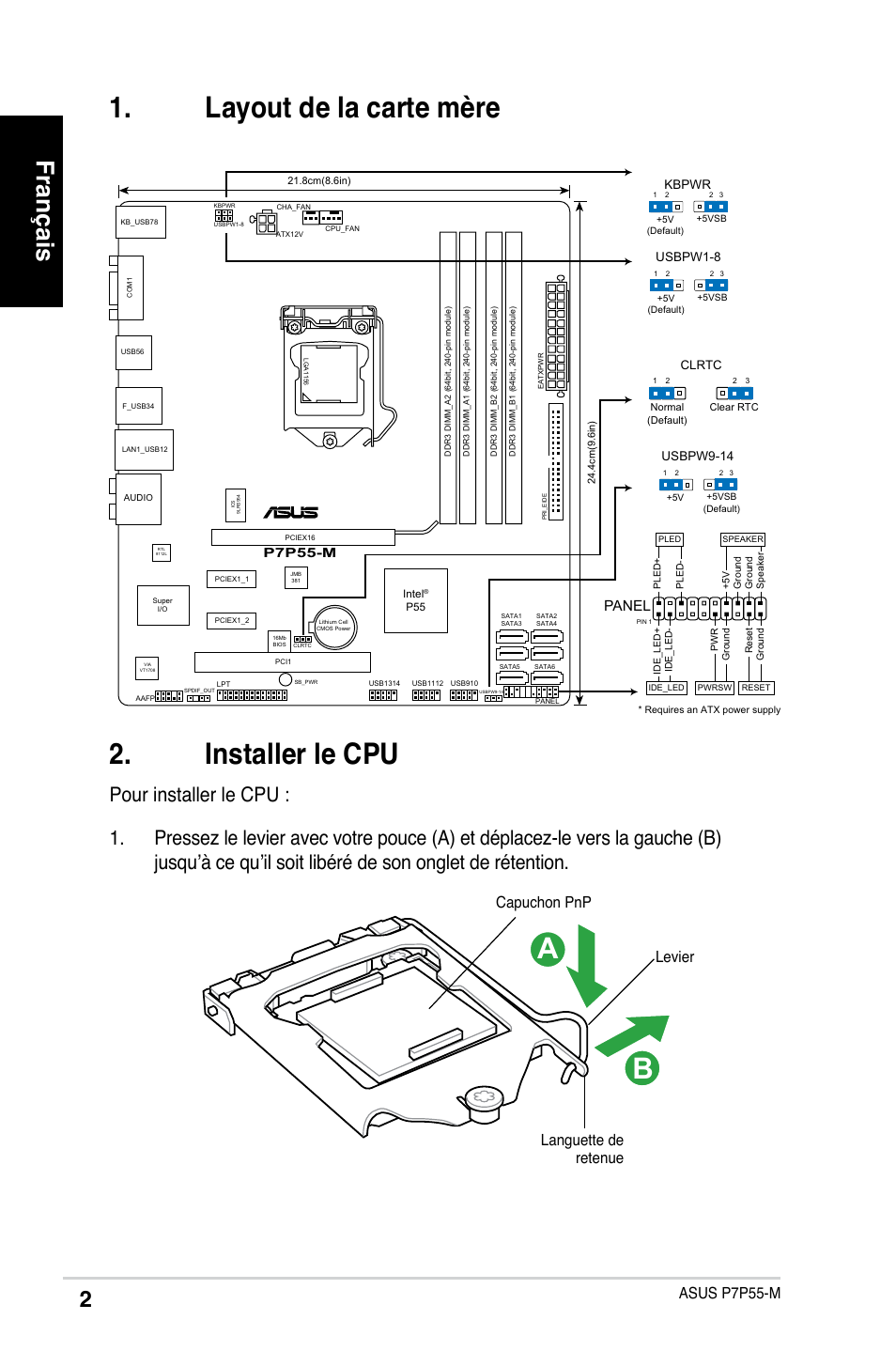 Installer le cpu, Layout de la carte mère, Français | Asus p7p55-m, Languette de retenue levier capuchon pnp, Panel | Asus P7P55-M/TPM User Manual | Page 2 / 42