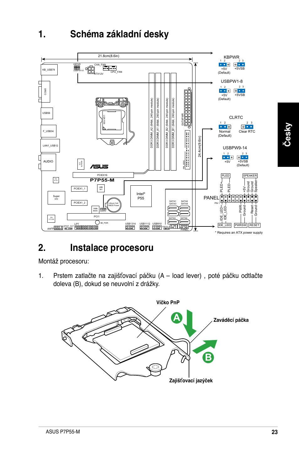 Schéma základní desky . instalace procesoru, Česky, Asus p7p55-m | Zaváděcí páčka zajišťovací jazýček víčko pnp, Panel | Asus P7P55-M/TPM User Manual | Page 23 / 42