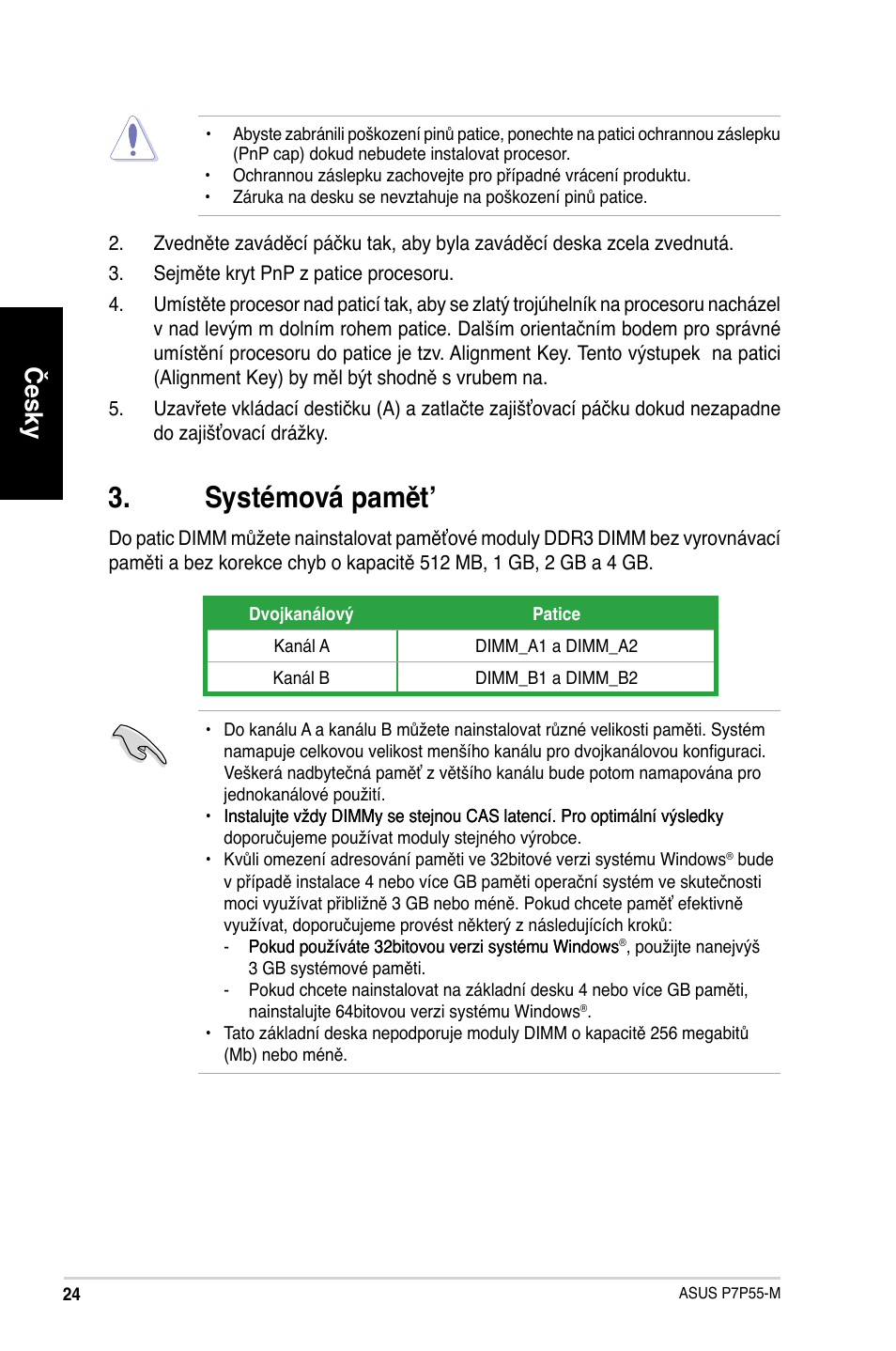 Systémová pamět, Česky | Asus P7P55-M/TPM User Manual | Page 24 / 42