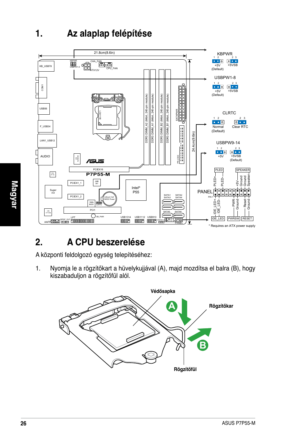 Az alaplap felépítése . a cpu beszerelése, Magyar, Asus p7p55-m | Rögzítőkar rögzítőfül védősapka, Panel | Asus P7P55-M/TPM User Manual | Page 26 / 42