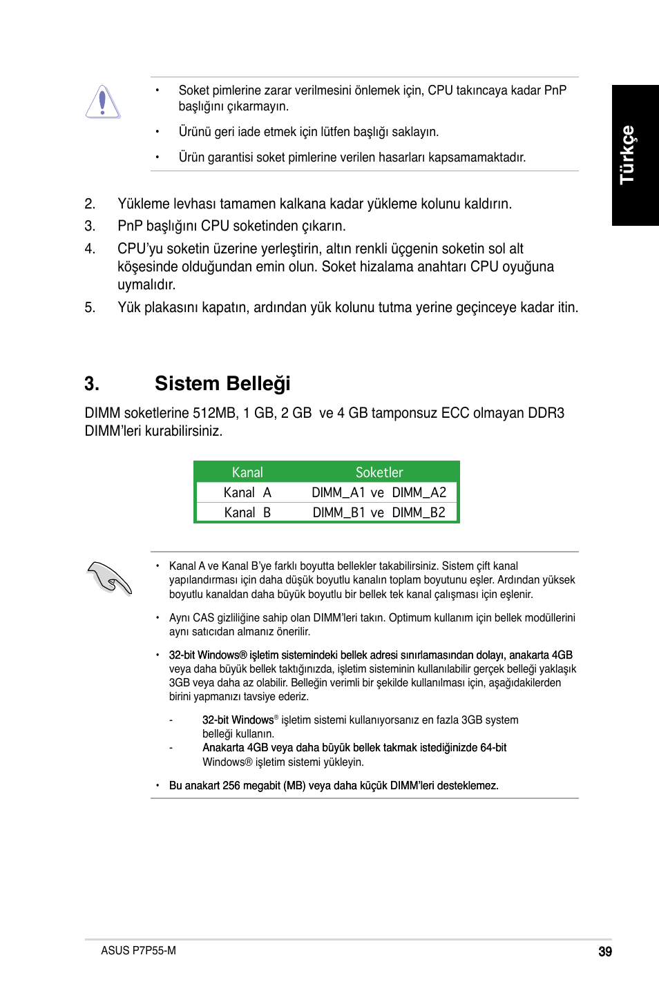 Sistem belleği, Türkçe | Asus P7P55-M/TPM User Manual | Page 39 / 42