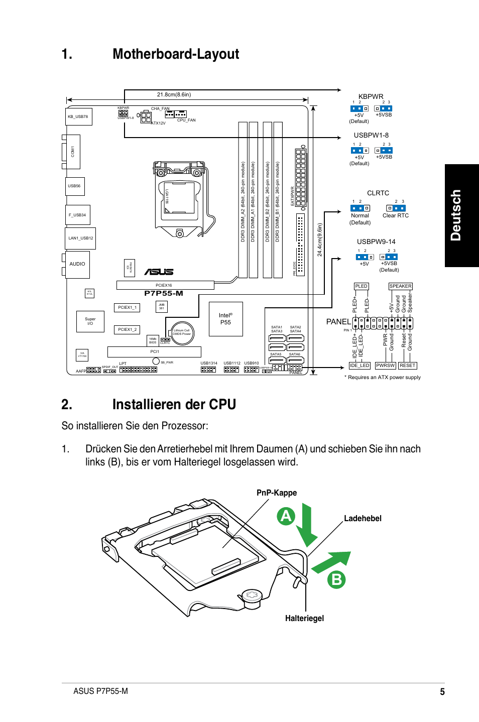 Motherboard-layout . installieren der cpu, Deutsch, Asus p7p55-m | Ladehebel halteriegel pnp-kappe, Panel | Asus P7P55-M/TPM User Manual | Page 5 / 42