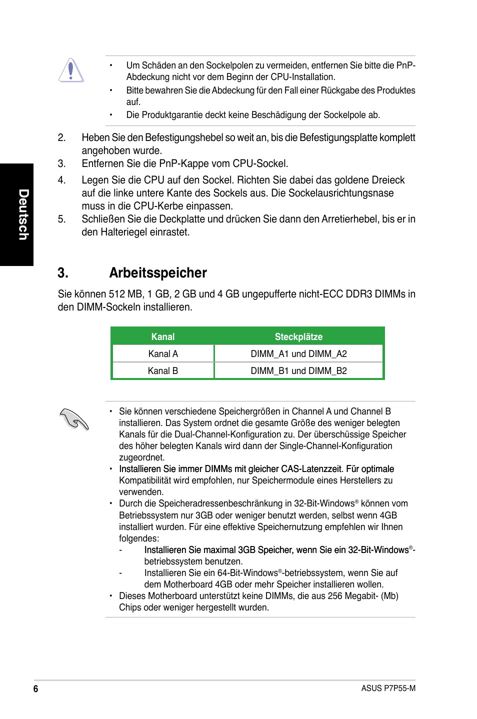 Arbeitsspeicher, Deutsch | Asus P7P55-M/TPM User Manual | Page 6 / 42