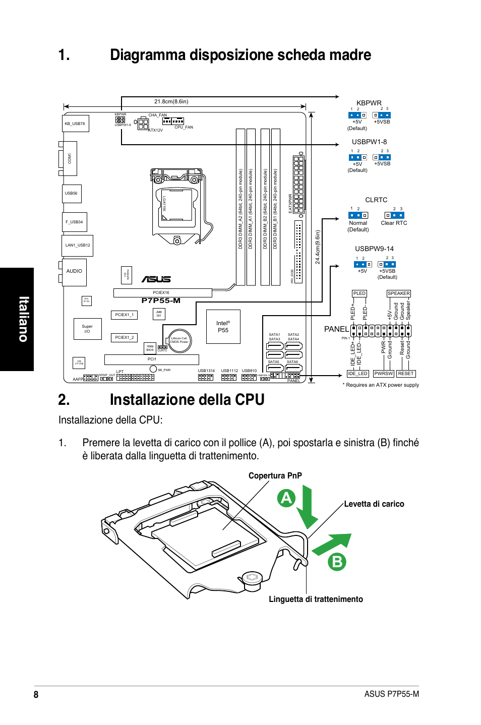 Italiano, Asus p7p55-m, Panel | Asus P7P55-M/TPM User Manual | Page 8 / 42