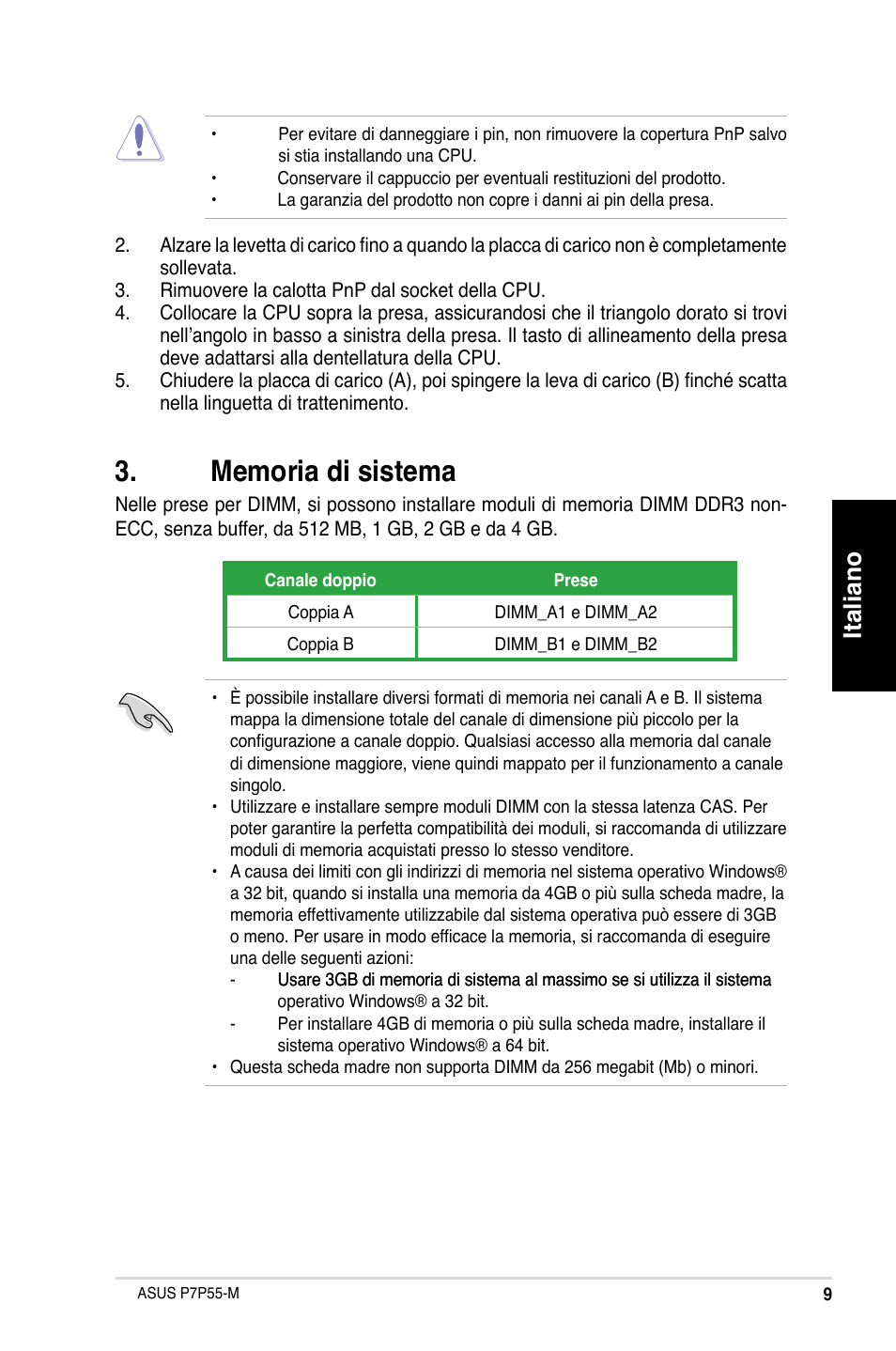 Italiano | Asus P7P55-M/TPM User Manual | Page 9 / 42