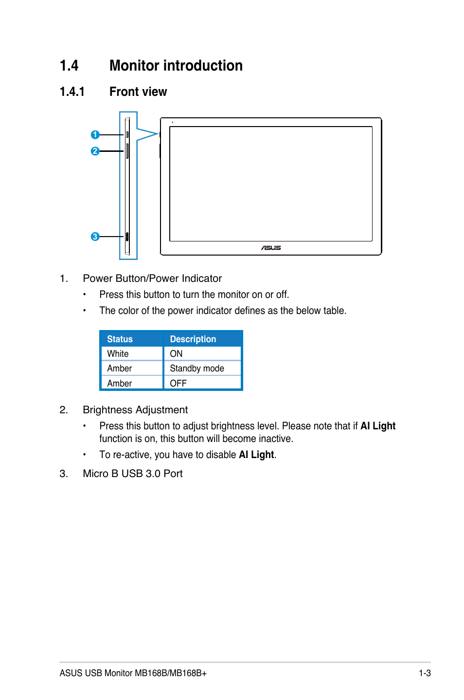 4 monitor introduction, 1 front view, Monitor introduction -3 | Front view -3 | Asus MB168B User Manual | Page 9 / 15