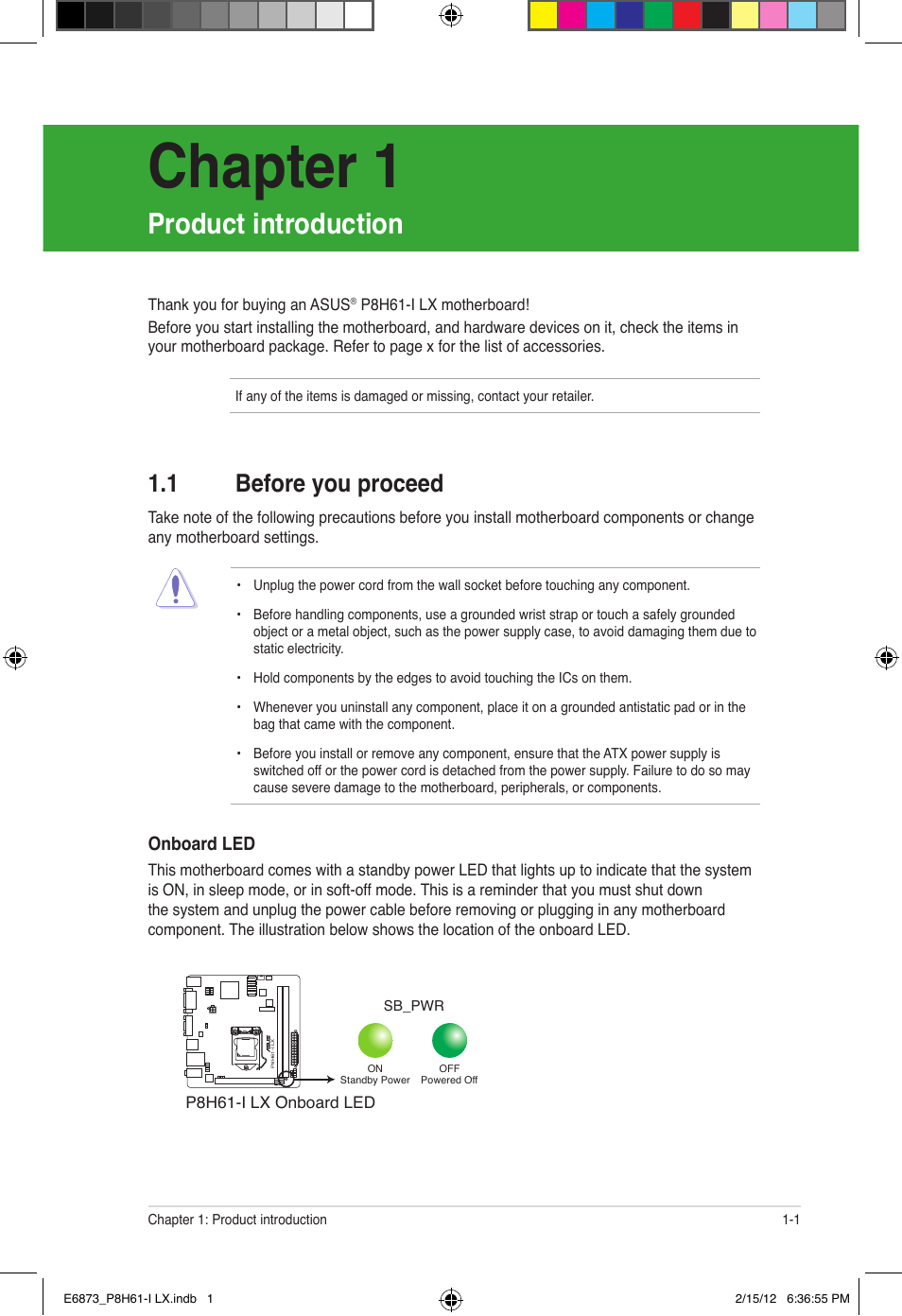 Chapter 1, Product introduction, 1 before you proceed | Asus P8H61-I LX/RM User Manual | Page 11 / 62