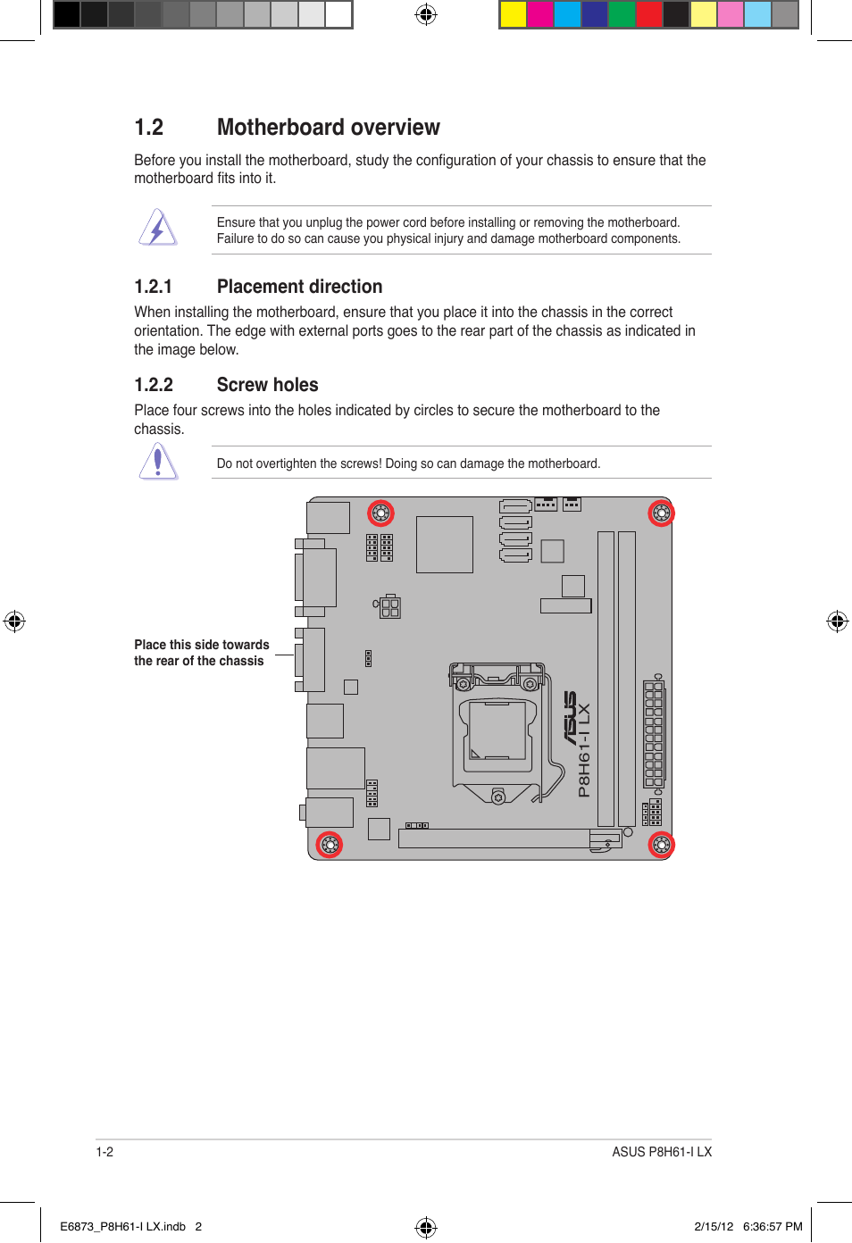 2 motherboard overview, 1 placement direction, 2 screw holes | Asus P8H61-I LX/RM User Manual | Page 12 / 62