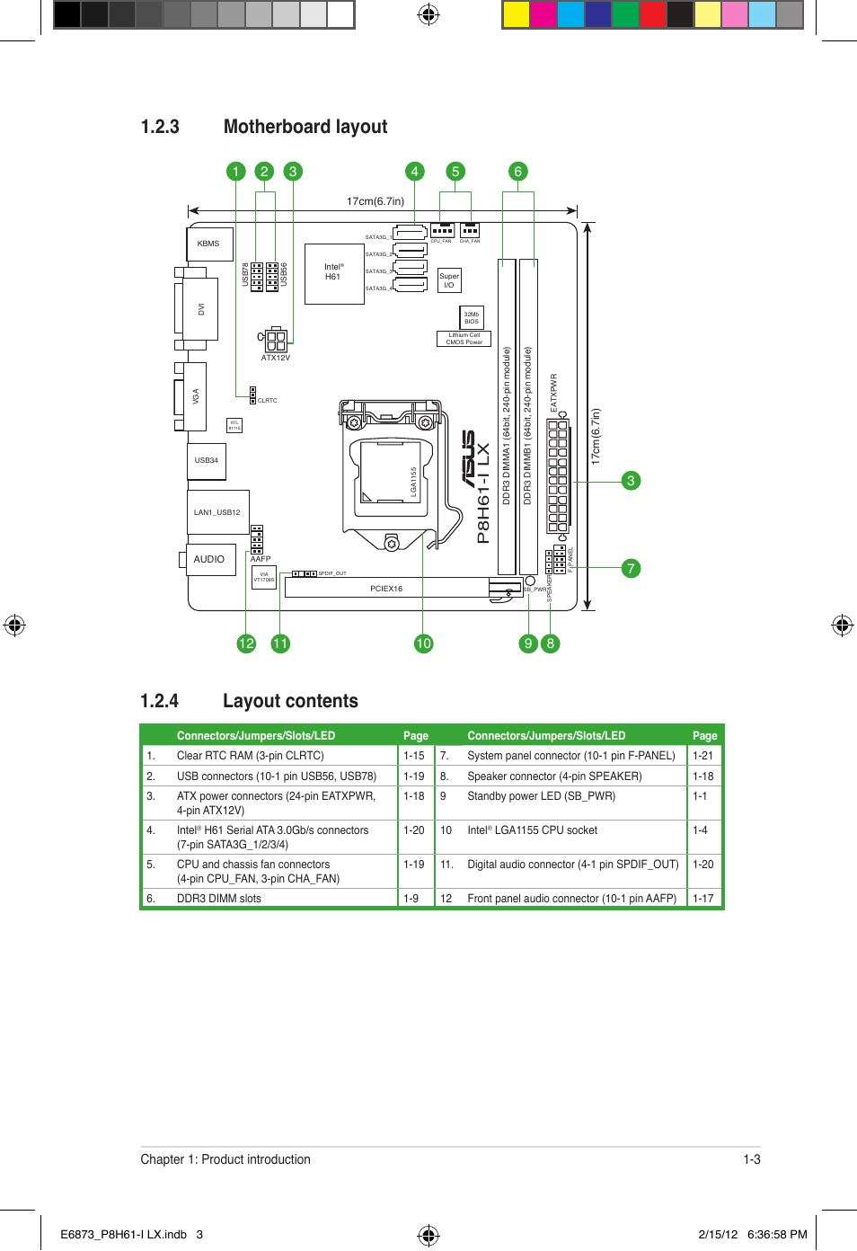 3 motherboard layout 1.2.4 layout contents, P8h61-i lx, 3 chapter 1: product introduction | Asus P8H61-I LX/RM User Manual | Page 13 / 62