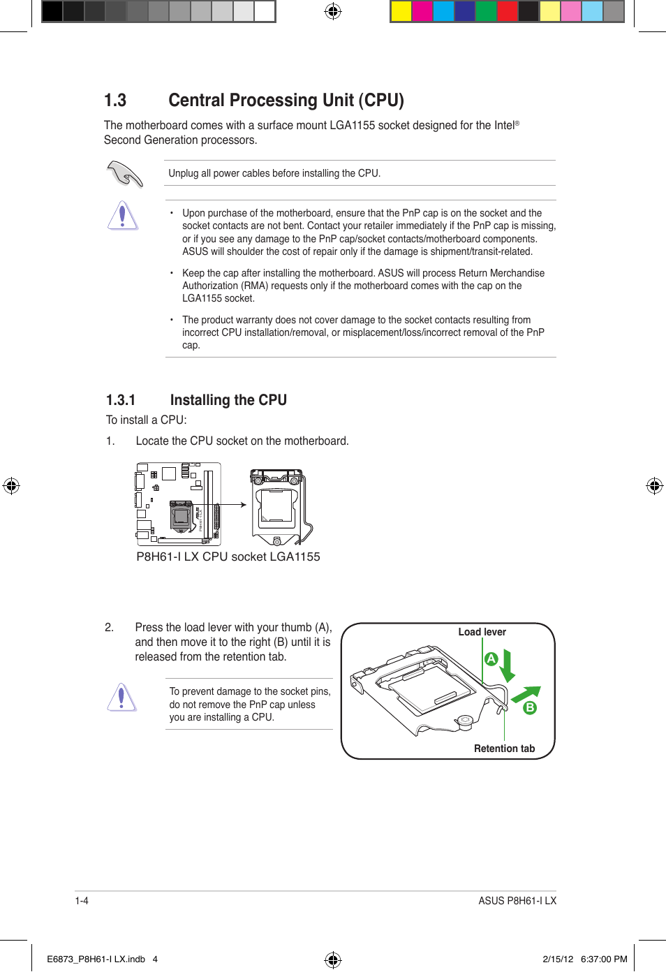 3 central processing unit (cpu), 1 installing the cpu | Asus P8H61-I LX/RM User Manual | Page 14 / 62