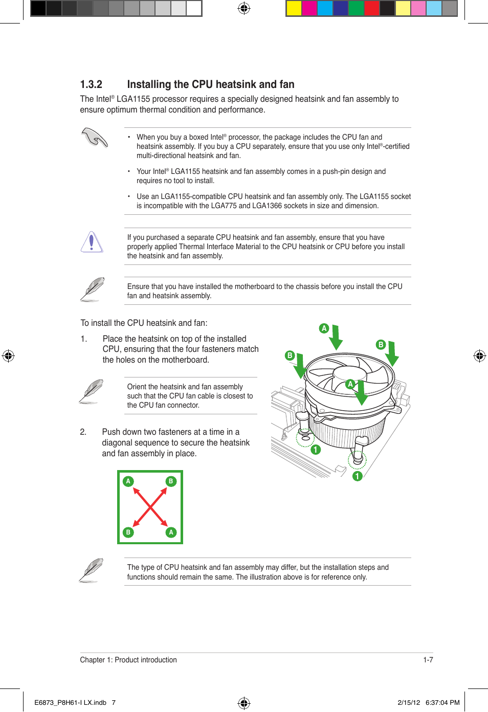 2 installing the cpu heatsink and fan | Asus P8H61-I LX/RM User Manual | Page 17 / 62