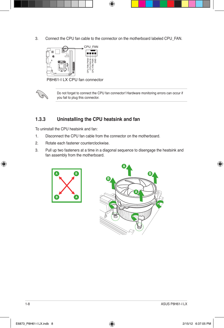 3 uninstalling the cpu heatsink and fan, P8h61-i lx cpu fan connector | Asus P8H61-I LX/RM User Manual | Page 18 / 62