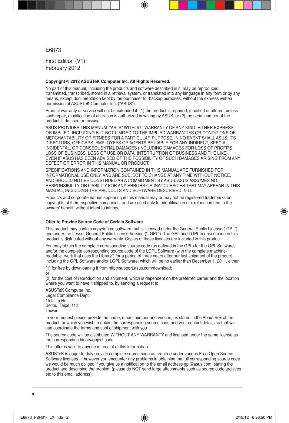 Asus P8H61-I LX/RM User Manual | Page 2 / 62