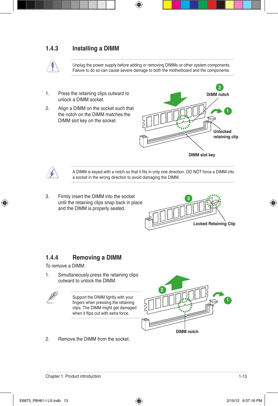 3 installing a dimm, 4 removing a dimm | Asus P8H61-I LX/RM User Manual | Page 23 / 62