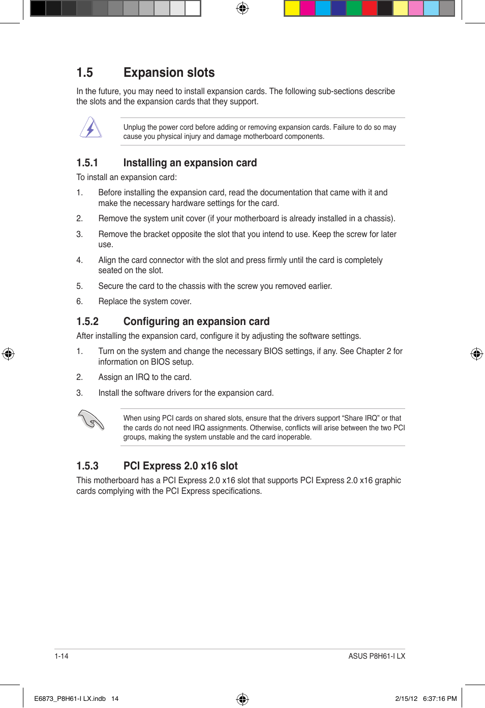 5 expansion slots, 1 installing an expansion card, 2 configuring an expansion card | Asus P8H61-I LX/RM User Manual | Page 24 / 62