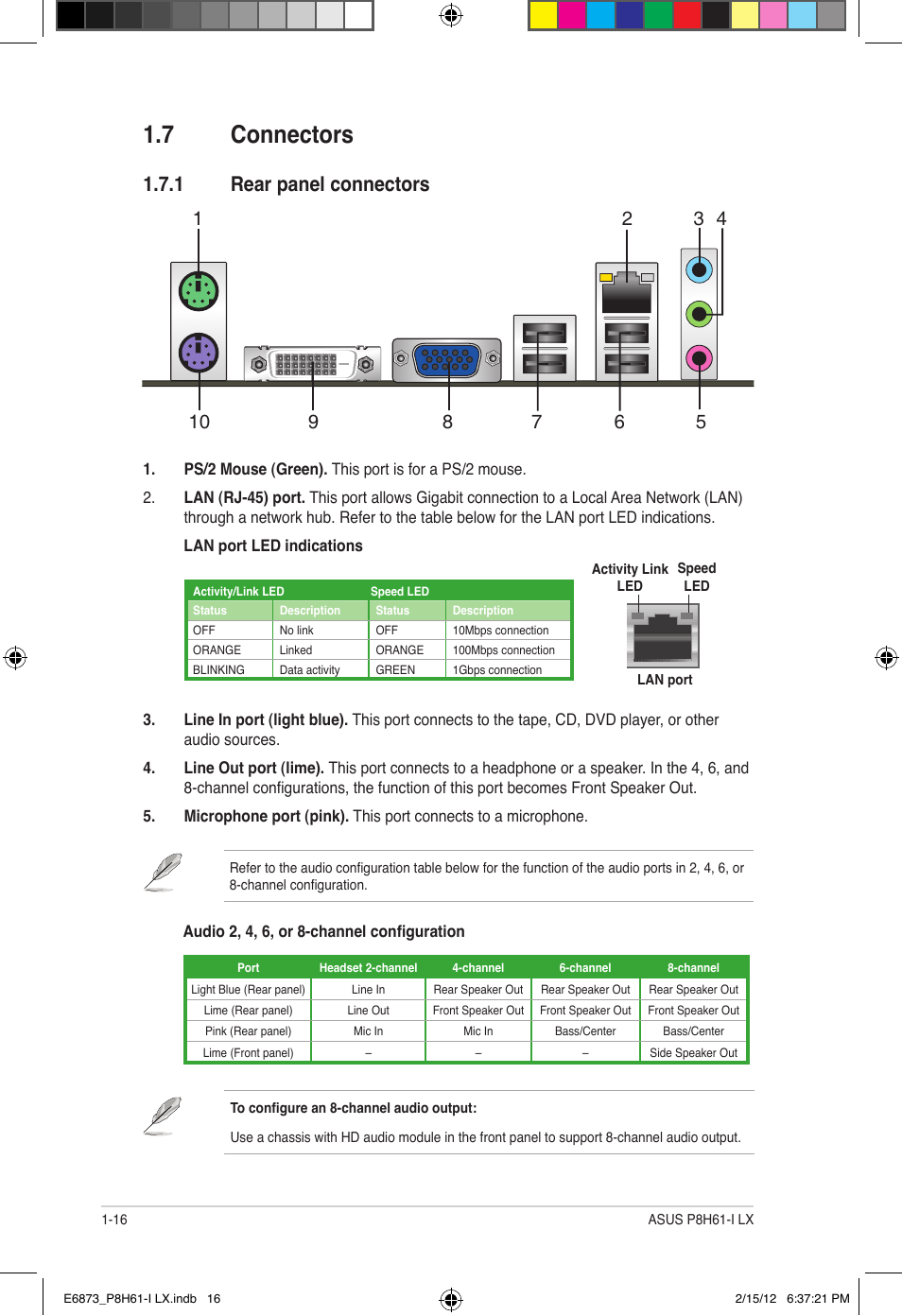 7 connectors, 1 rear panel connectors | Asus P8H61-I LX/RM User Manual | Page 26 / 62