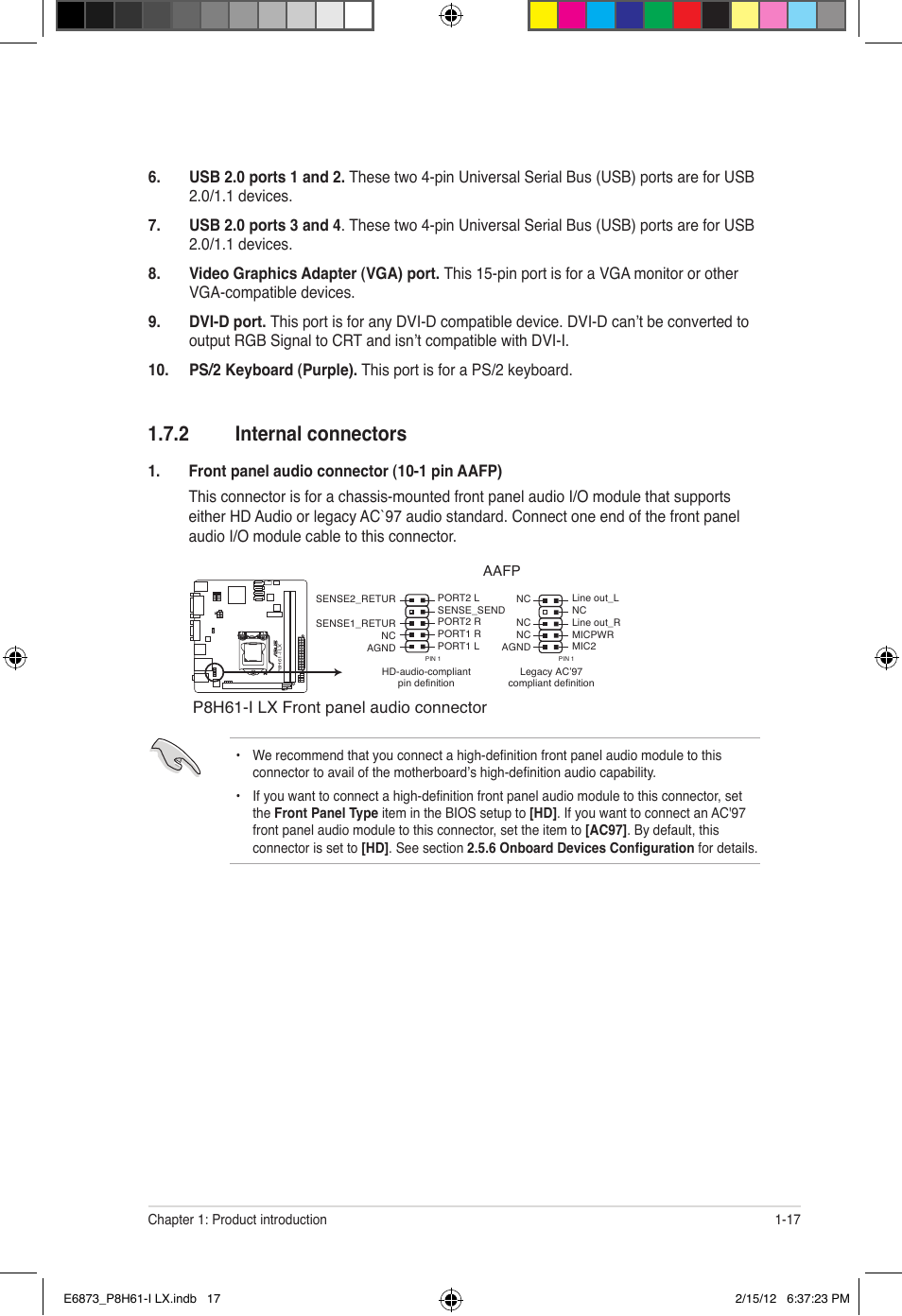 2 internal connectors, P8h61-i lx front panel audio connector | Asus P8H61-I LX/RM User Manual | Page 27 / 62