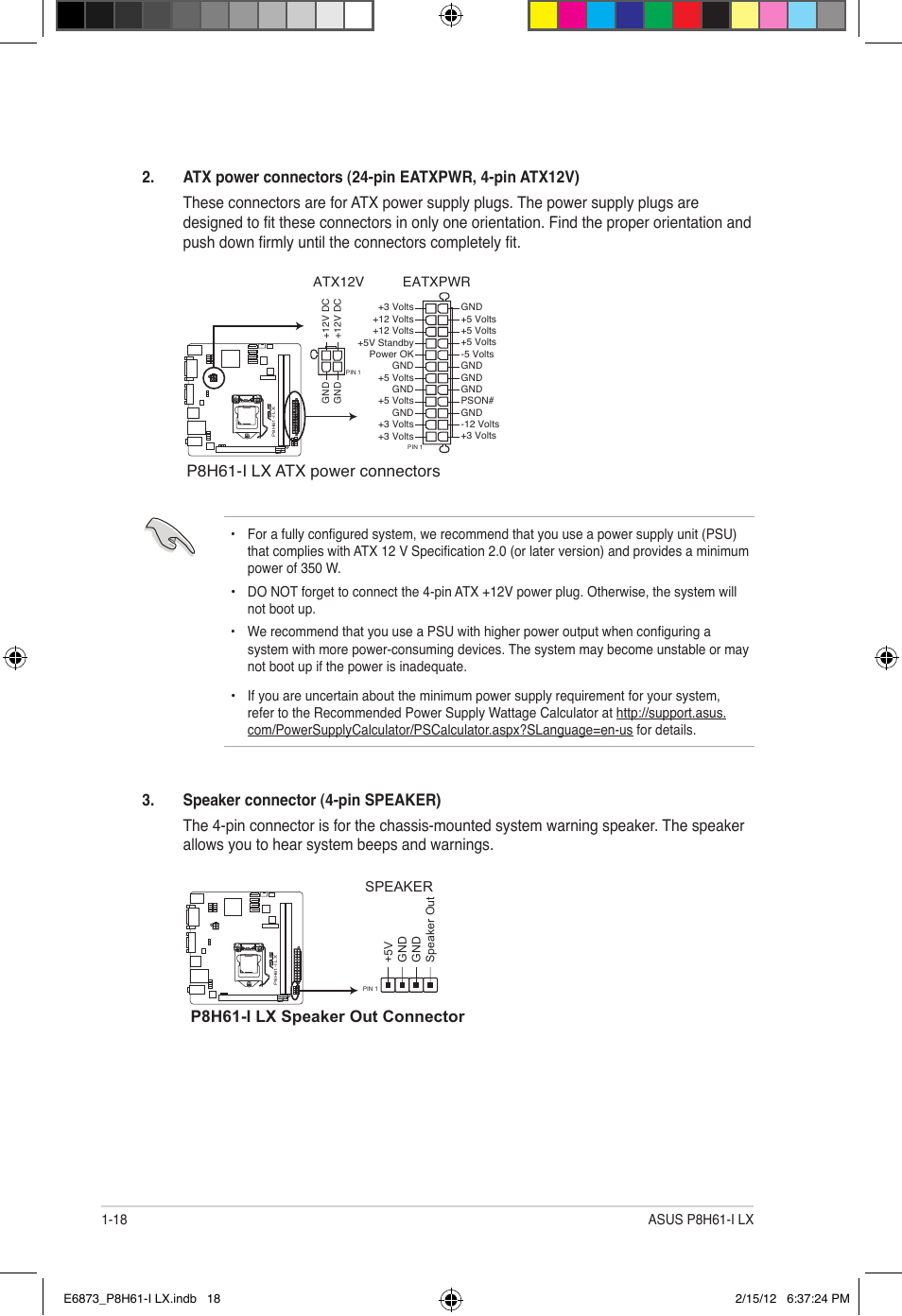 P8h61-i lx atx power connectors, Speaker | Asus P8H61-I LX/RM User Manual | Page 28 / 62