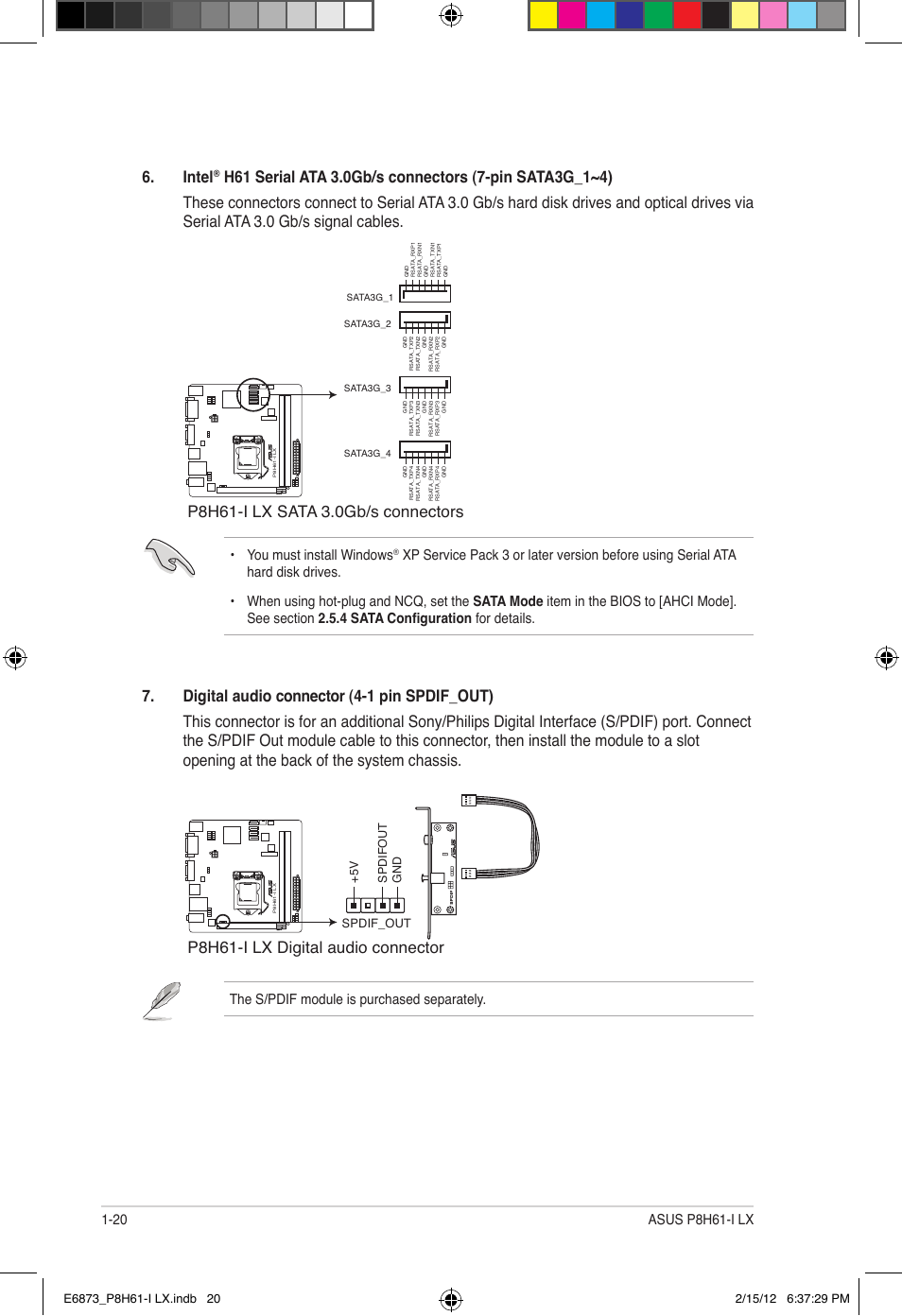 Intel, P8h61-i lx digital audio connector, You must install windows | The s/pdif module is purchased separately, Spdif_out, 5 v spdifout gnd | Asus P8H61-I LX/RM User Manual | Page 30 / 62