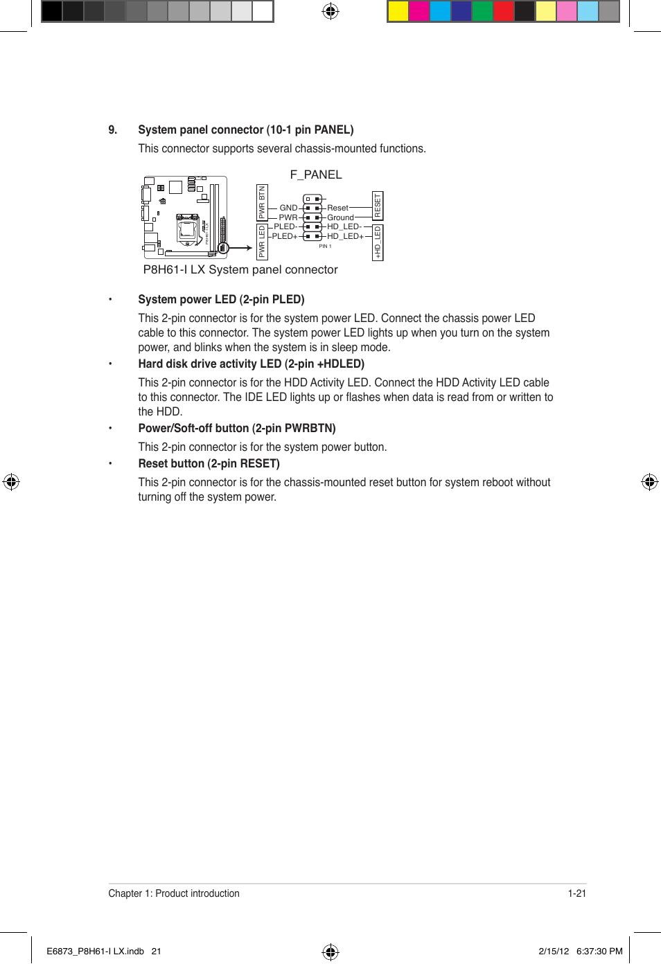 P8h61-i lx system panel connector, F_panel | Asus P8H61-I LX/RM User Manual | Page 31 / 62