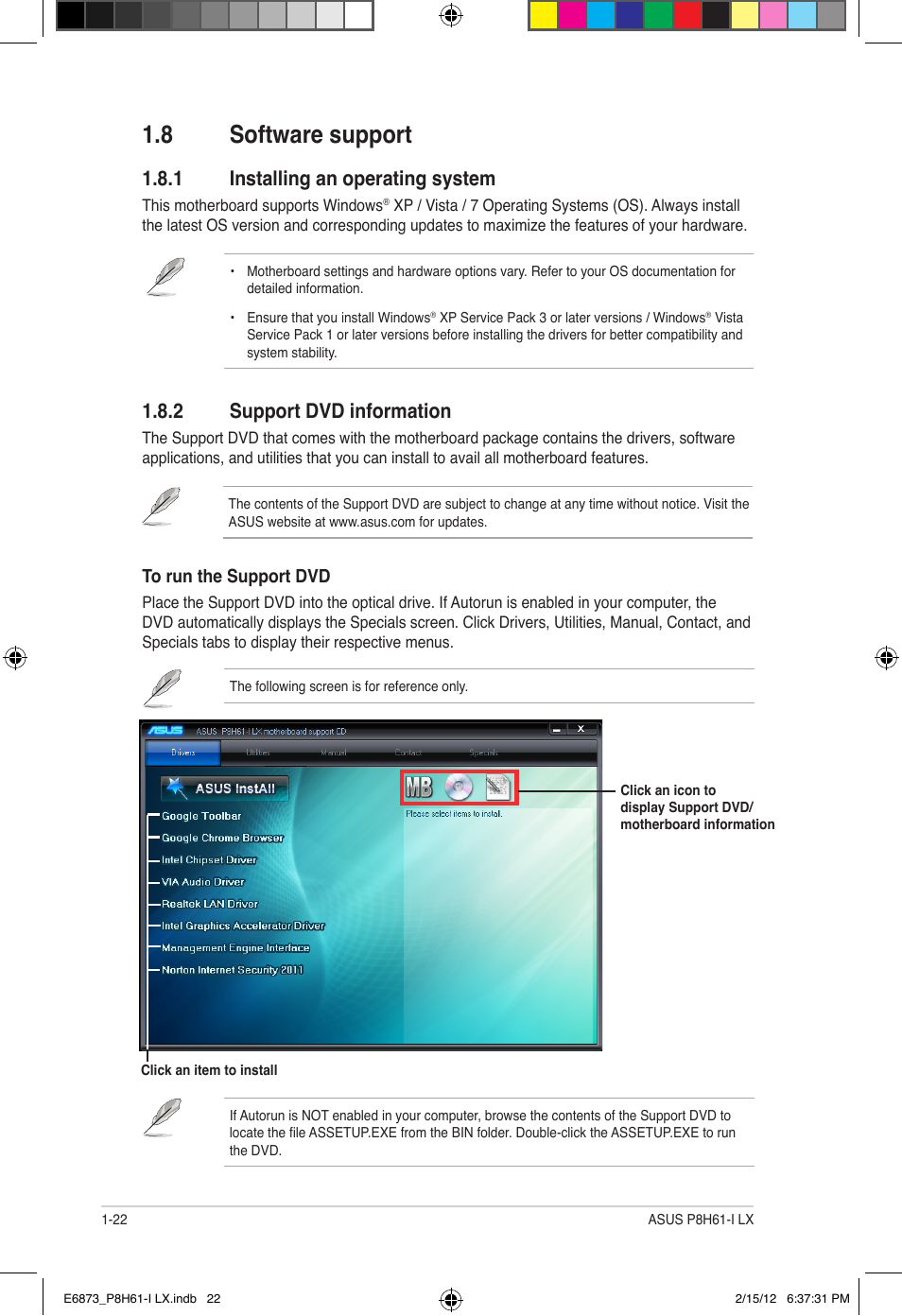 8 software support, 1 installing an operating system, 2 support dvd information | Asus P8H61-I LX/RM User Manual | Page 32 / 62