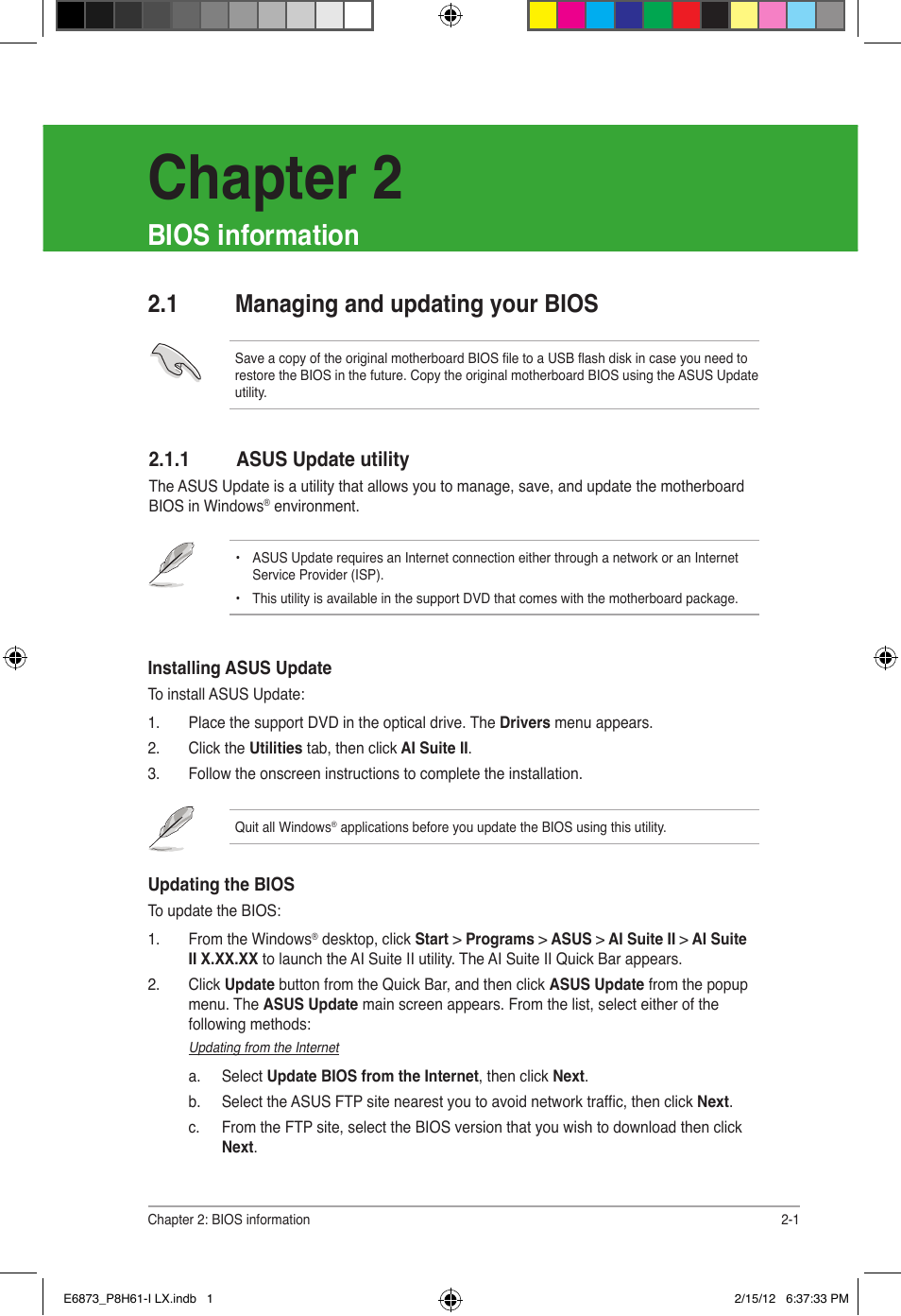 Chapter 2, Bios information, 1 managing and updating your bios | Asus P8H61-I LX/RM User Manual | Page 33 / 62