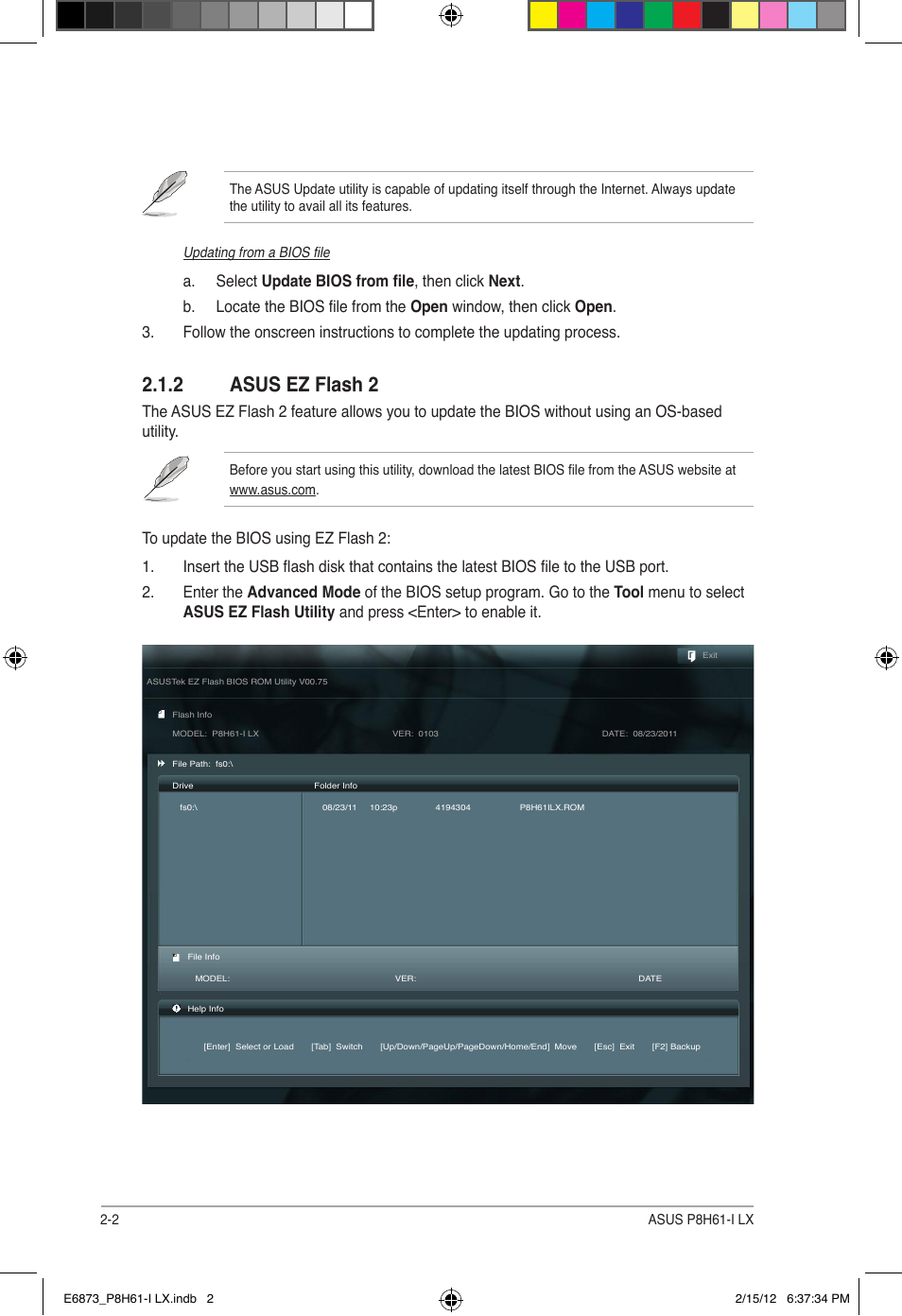 2 asus ez flash 2 | Asus P8H61-I LX/RM User Manual | Page 34 / 62