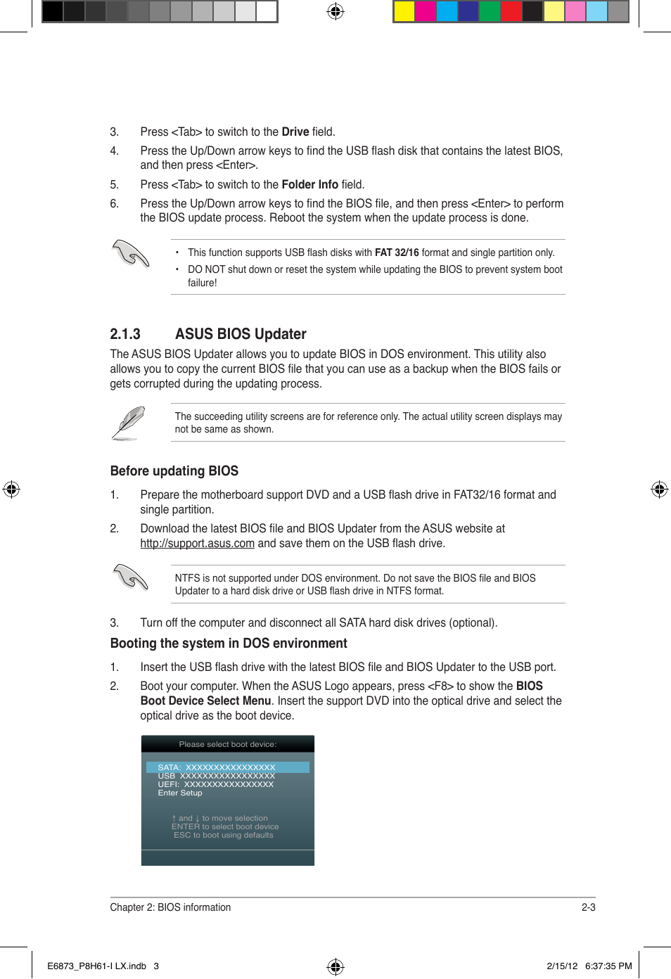 3 asus bios updater, Before updating bios, Booting the system in dos environment | Asus P8H61-I LX/RM User Manual | Page 35 / 62