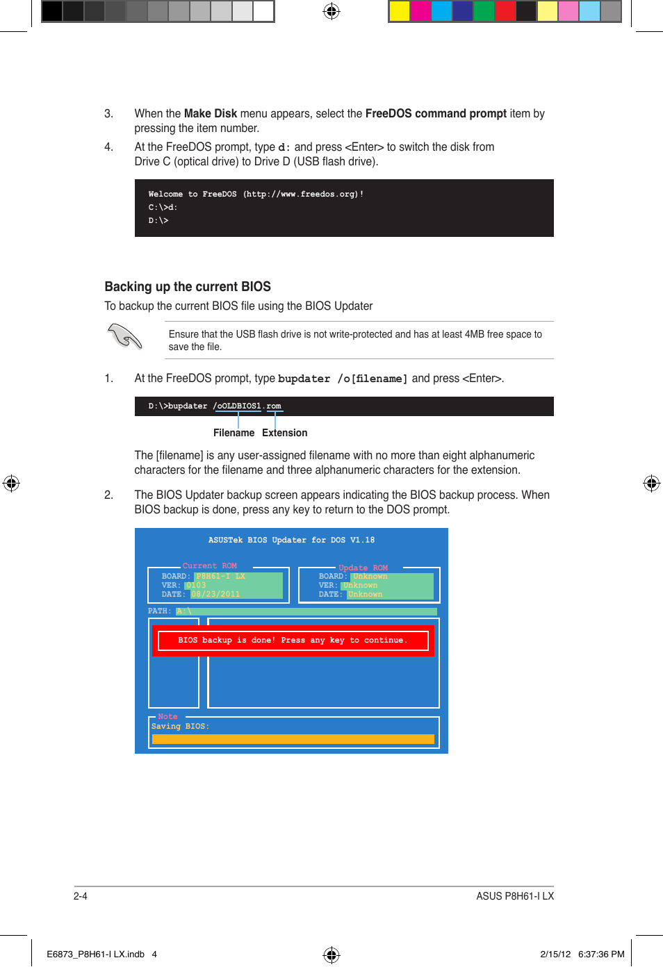 Backing up the current bios | Asus P8H61-I LX/RM User Manual | Page 36 / 62