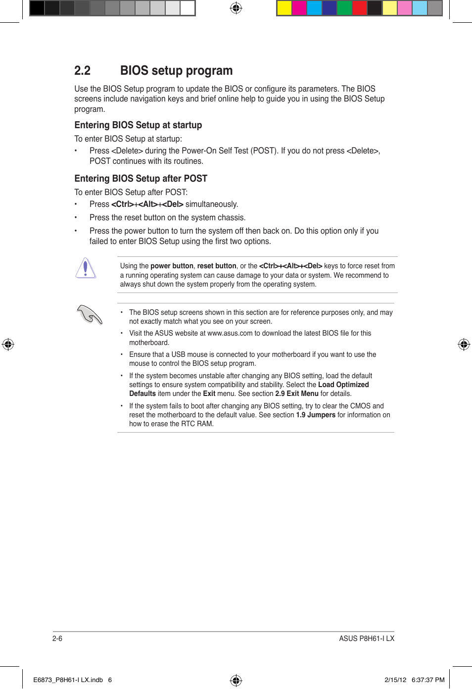 2 bios setup program | Asus P8H61-I LX/RM User Manual | Page 38 / 62