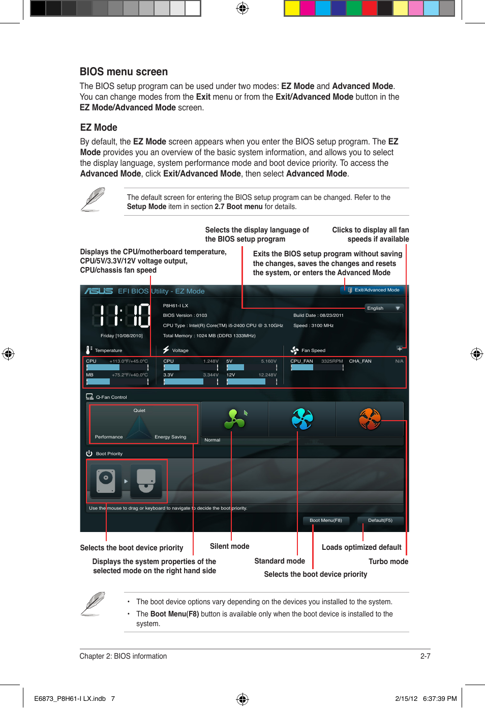 Bios menu screen, Ez mode, Chapter 2: bios information 2-7 | Asus P8H61-I LX/RM User Manual | Page 39 / 62