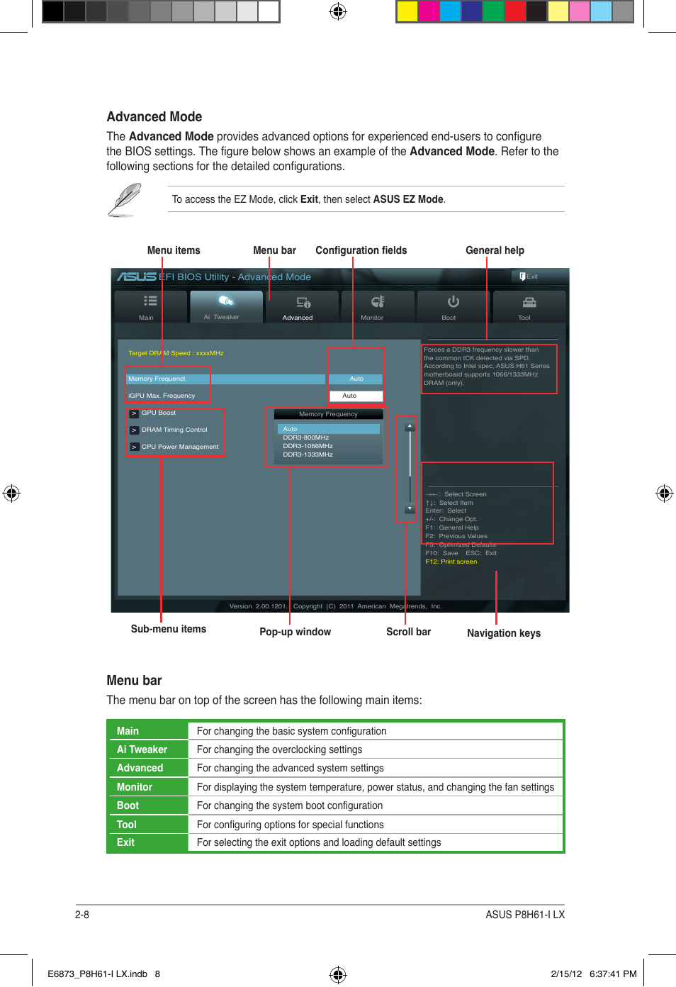 Advanced mode, Menu bar | Asus P8H61-I LX/RM User Manual | Page 40 / 62