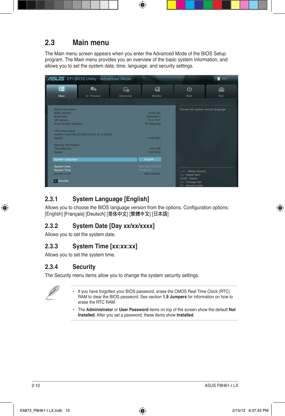 3 main menu, 1 system language [english, 3 system time [xx:xx:xx | 4 security, Allows you to set the system date, Allows you to set the system time | Asus P8H61-I LX/RM User Manual | Page 42 / 62