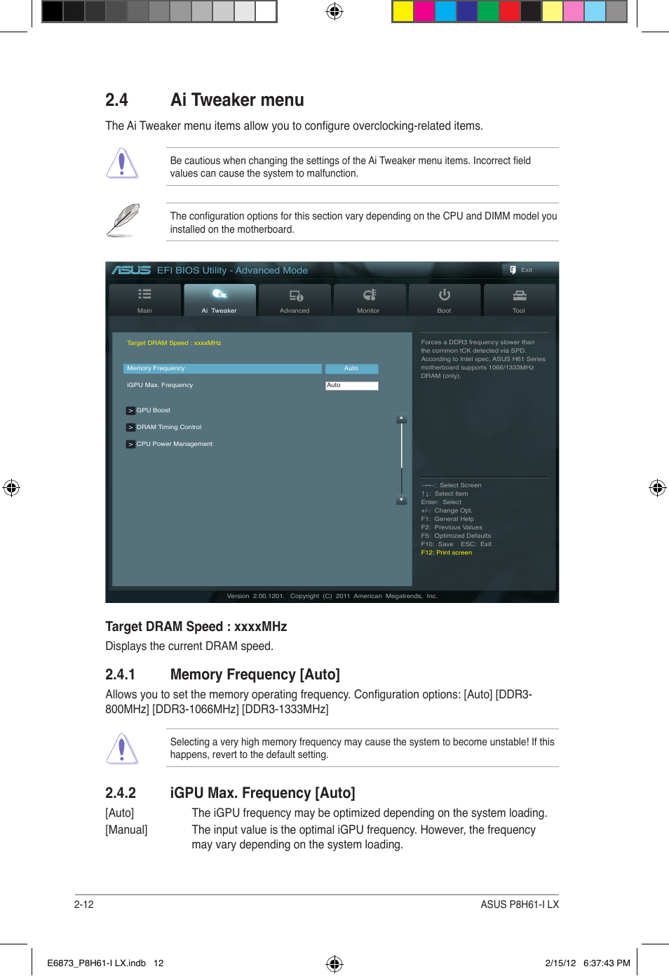 4 ai tweaker menu, 2 igpu max. frequency [auto, Displays the current dram speed | Asus P8H61-I LX/RM User Manual | Page 44 / 62