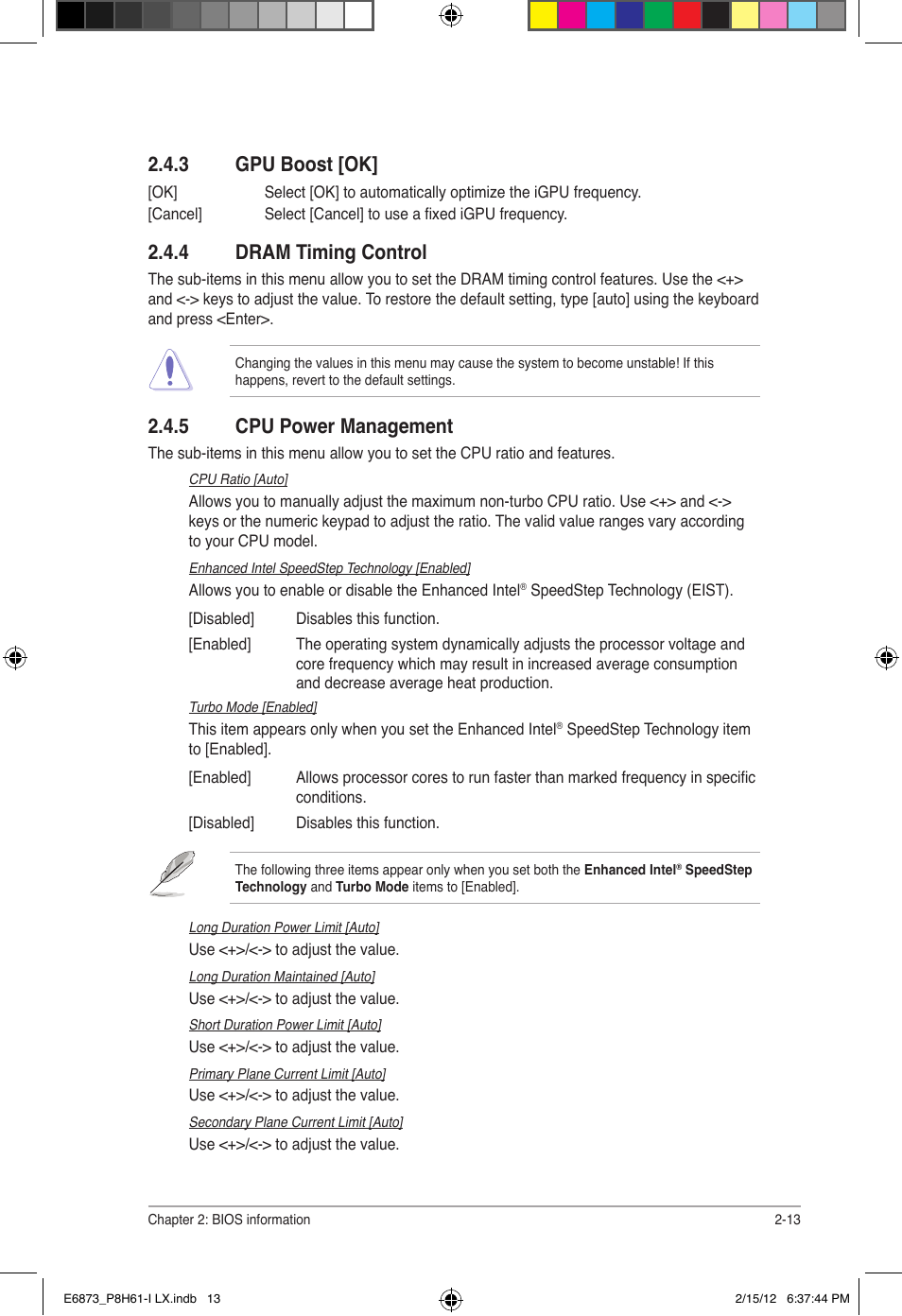 3 gpu boost [ok, 4 dram timing control, 5 cpu power management | Asus P8H61-I LX/RM User Manual | Page 45 / 62