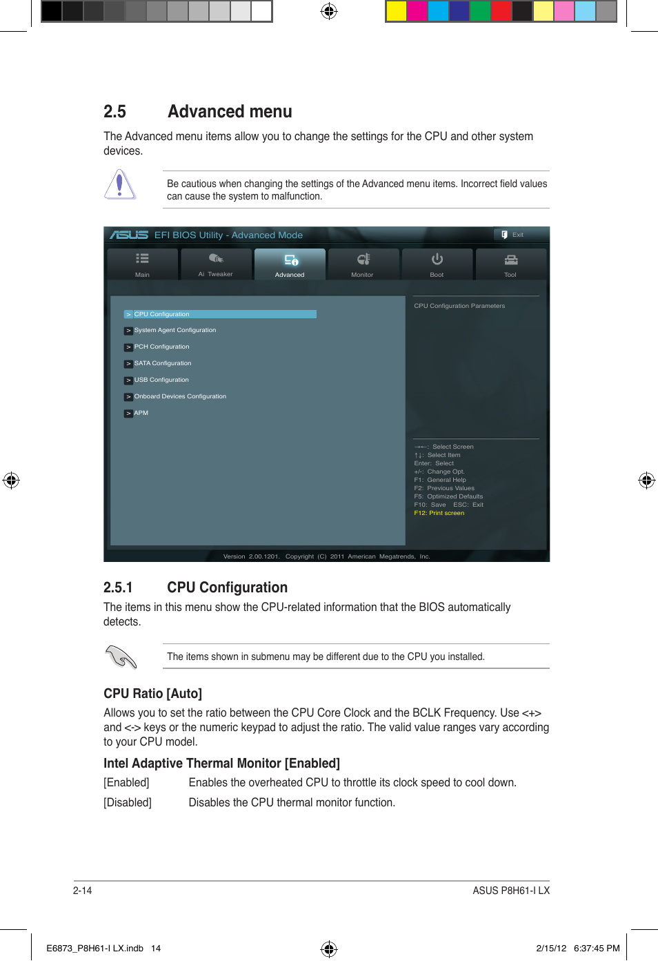 5 advanced menu, 1 cpu configuration, Cpu ratio [auto | Intel adaptive thermal monitor [enabled | Asus P8H61-I LX/RM User Manual | Page 46 / 62