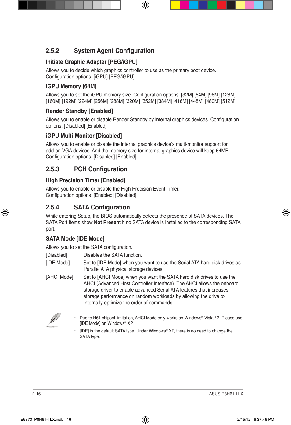 2 system agent configuration, 3 pch configuration, 4 sata configuration | Asus P8H61-I LX/RM User Manual | Page 48 / 62