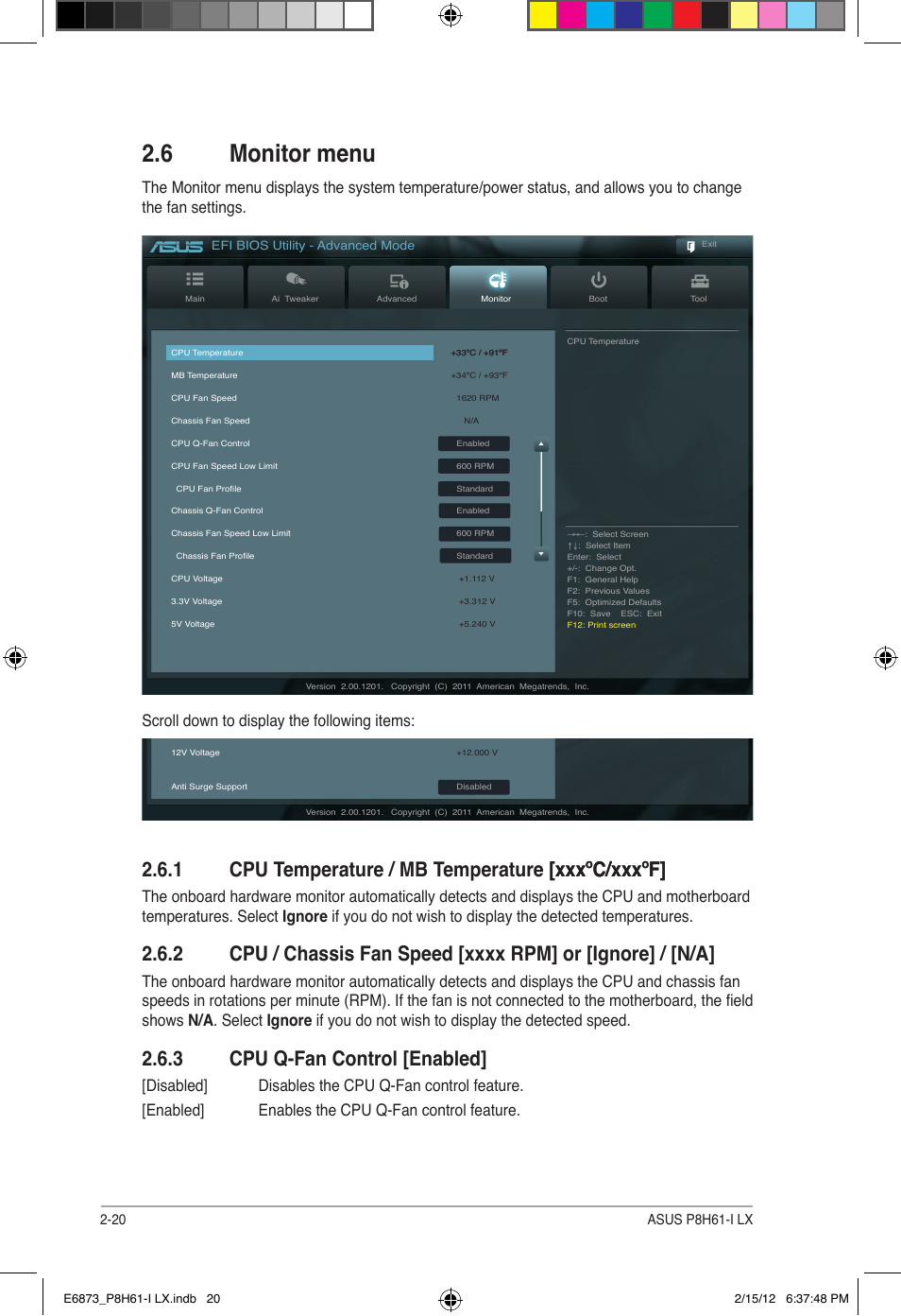 6 monitor menu, 3 cpu q-fan control [enabled, Scroll down to display the following items | Asus P8H61-I LX/RM User Manual | Page 52 / 62