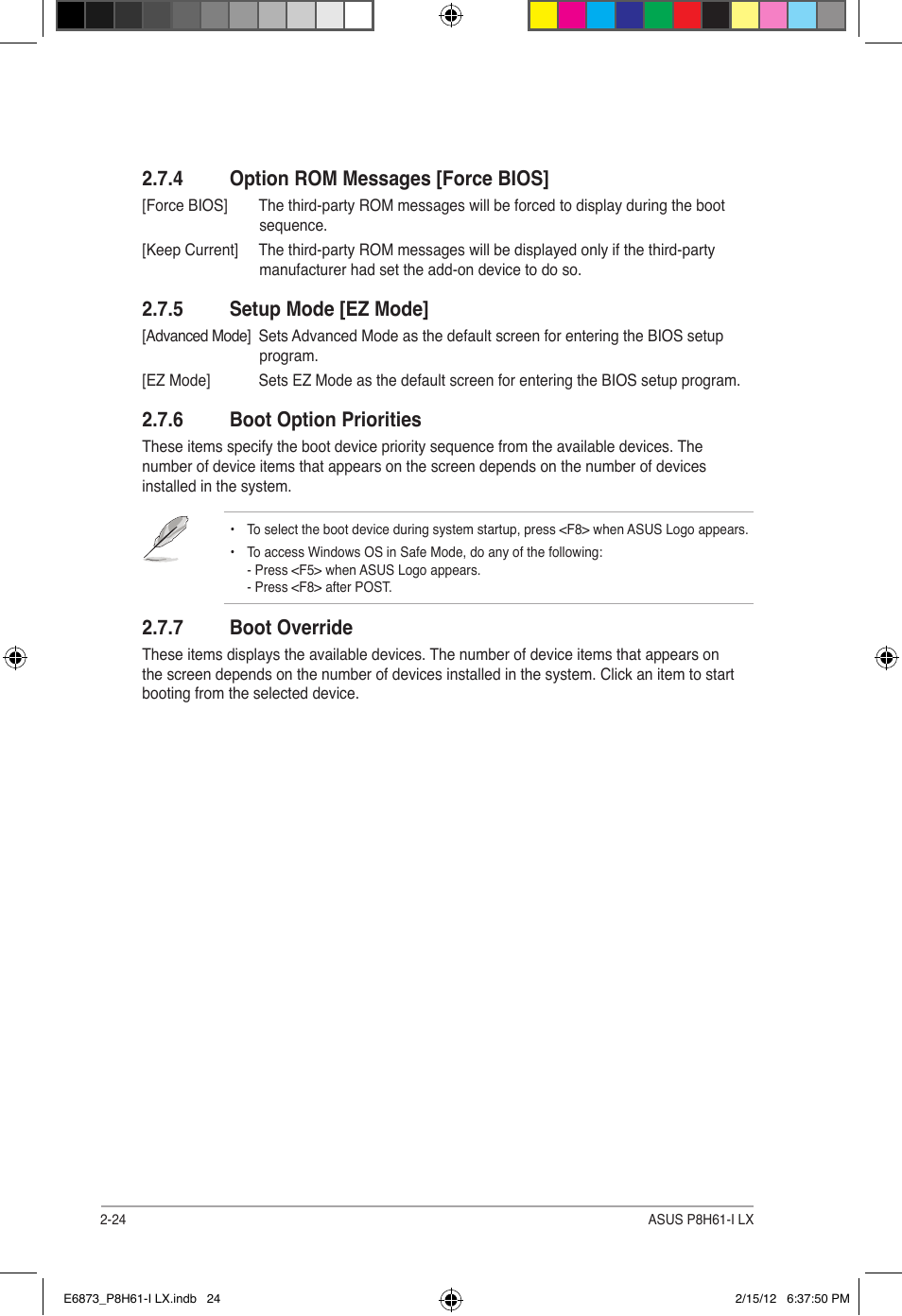 4 option rom messages [force bios, 5 setup mode [ez mode, 6 boot option priorities | 7 boot override | Asus P8H61-I LX/RM User Manual | Page 56 / 62