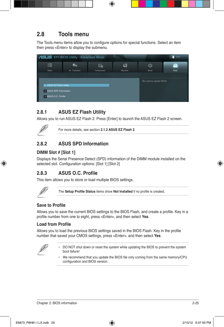 8 tools menu, 1 asus ez flash utility, 2 asus spd information | 3 asus o.c. profile, Dimm slot # [slot 1, Save to profile, Load from profile | Asus P8H61-I LX/RM User Manual | Page 57 / 62