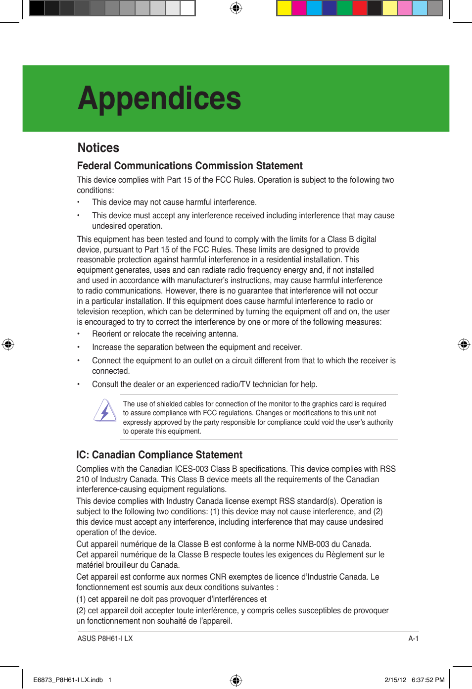 Appendices, Notices | Asus P8H61-I LX/RM User Manual | Page 59 / 62