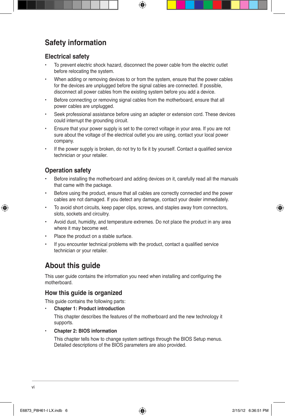 Safety information, About this guide, Electrical safety | Operation safety, How this guide is organized | Asus P8H61-I LX/RM User Manual | Page 6 / 62