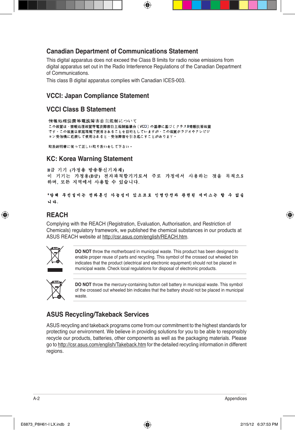 Reach, Asus recycling/takeback services | Asus P8H61-I LX/RM User Manual | Page 60 / 62