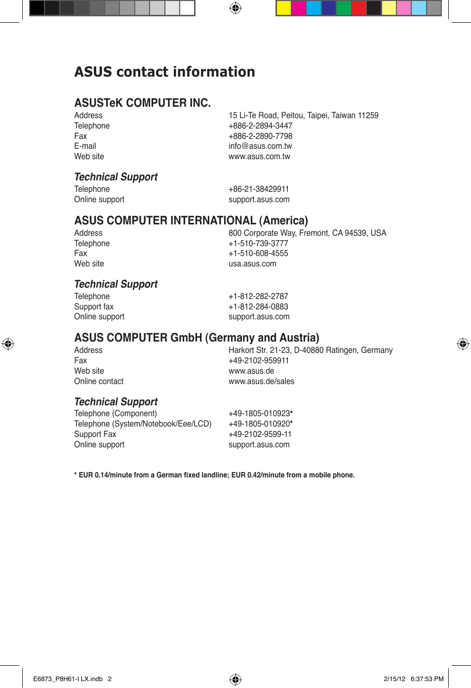 Asus contact information, Asustek computer inc, Asus computer international (america) | Asus computer gmbh (germany and austria), Technical support | Asus P8H61-I LX/RM User Manual | Page 61 / 62