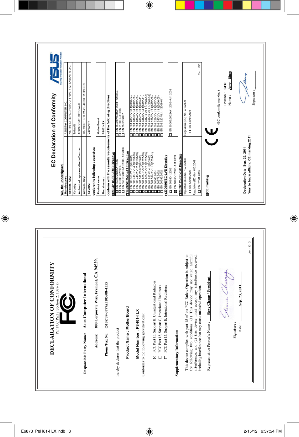 Declaration of conformity, Ec declaration of conformity | Asus P8H61-I LX/RM User Manual | Page 62 / 62