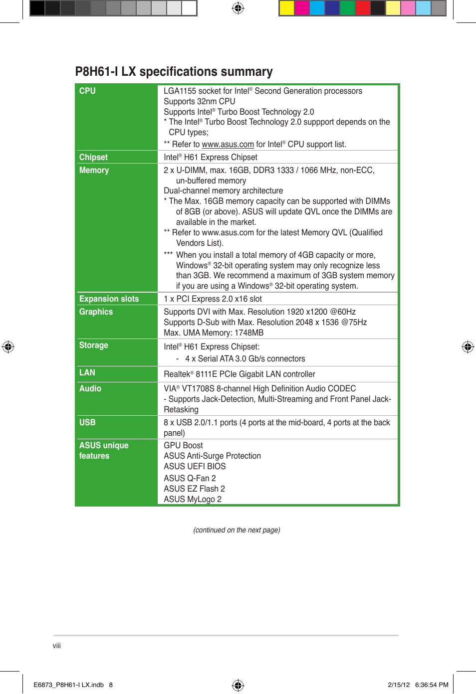 P8h61-i lx specifications summary | Asus P8H61-I LX/RM User Manual | Page 8 / 62