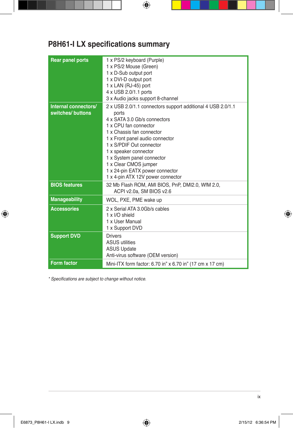 P8h61-i lx specifications summary | Asus P8H61-I LX/RM User Manual | Page 9 / 62