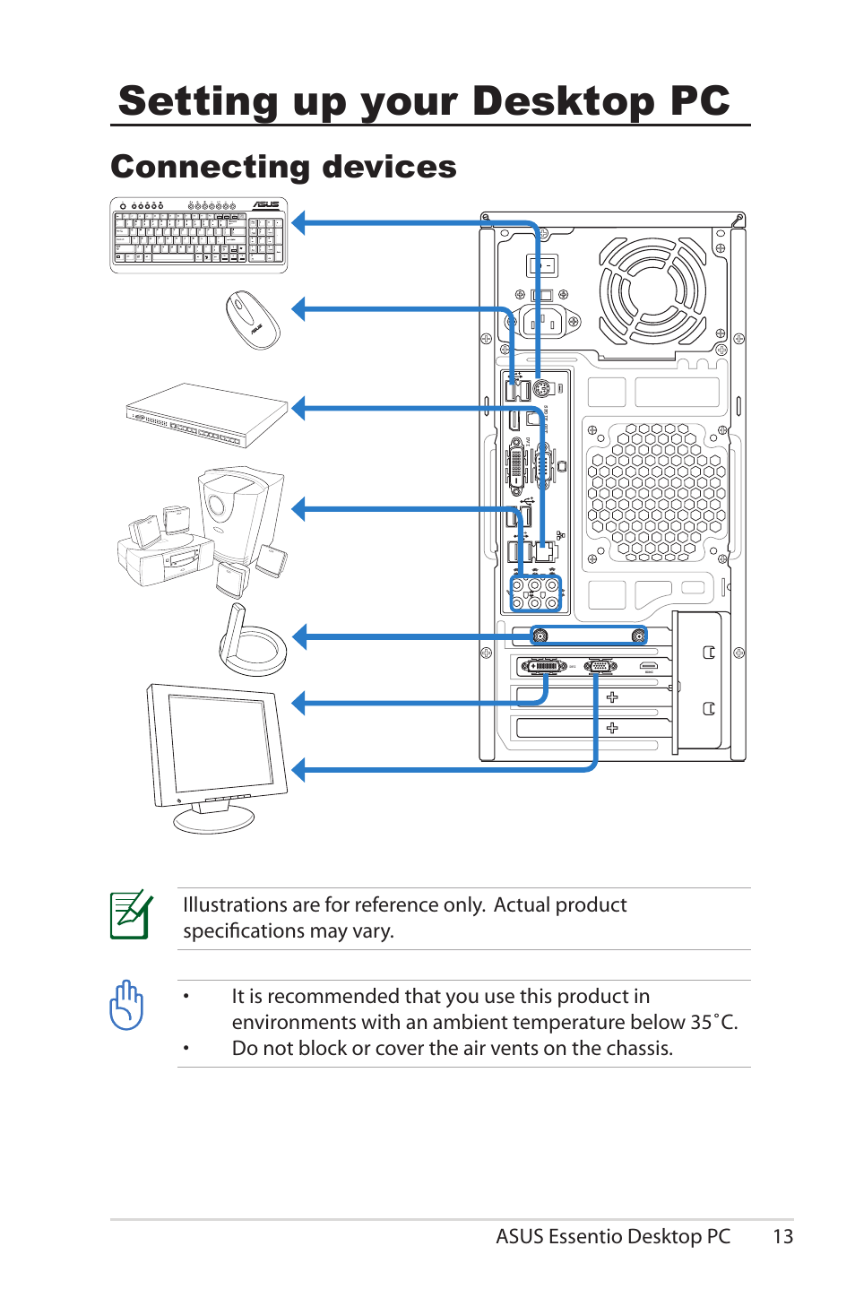 Setting up your desktop pc, Connecting devices | Asus CM5570 User Manual | Page 13 / 18