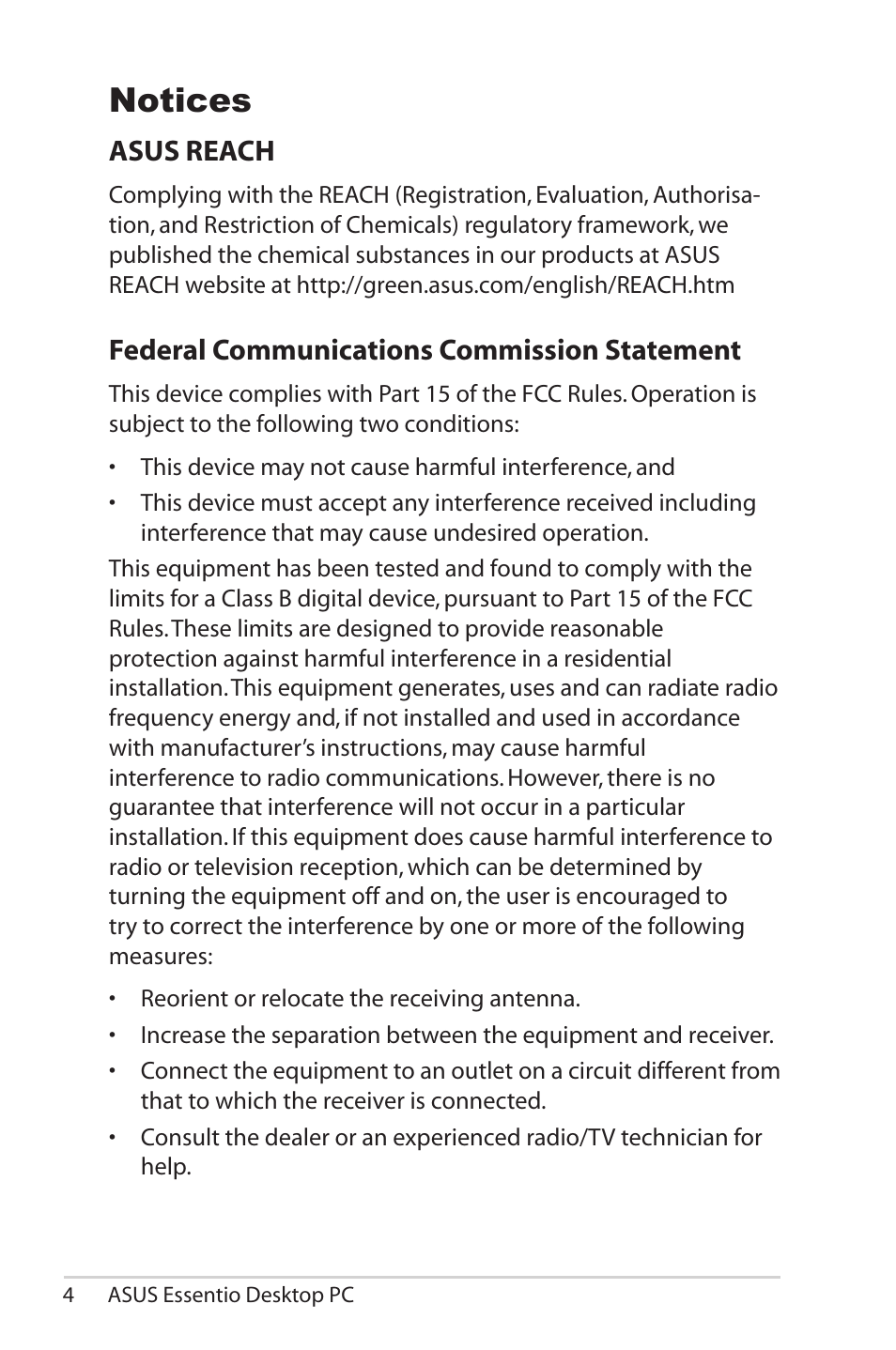 Notices, Asus reach, Federal communications commission statement | Asus CM5570 User Manual | Page 4 / 18